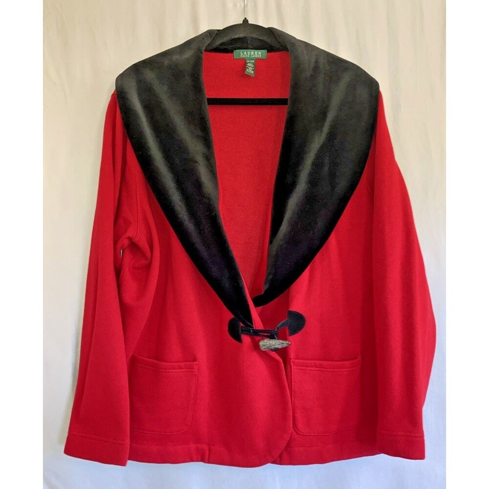 Lauren Ralph Lauren Women's 2X Red Cotton Black Velvet Knit Designer Jacket Rare